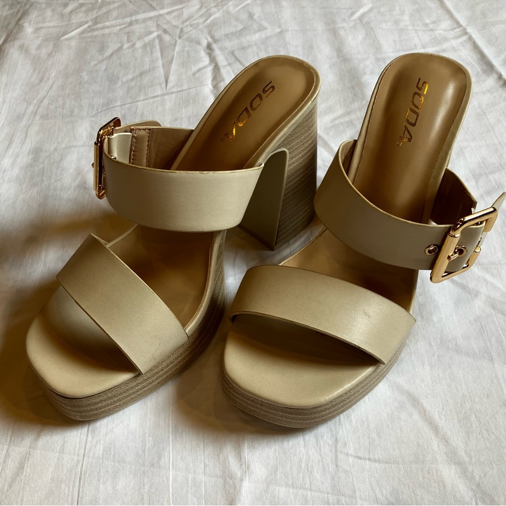 Soda Cream Platform Block Heel Slide Sandals with Buckle Accent